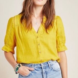 Anthropologie Maeve Magritte yellow linen puff-sleeve blouse top Sz 0